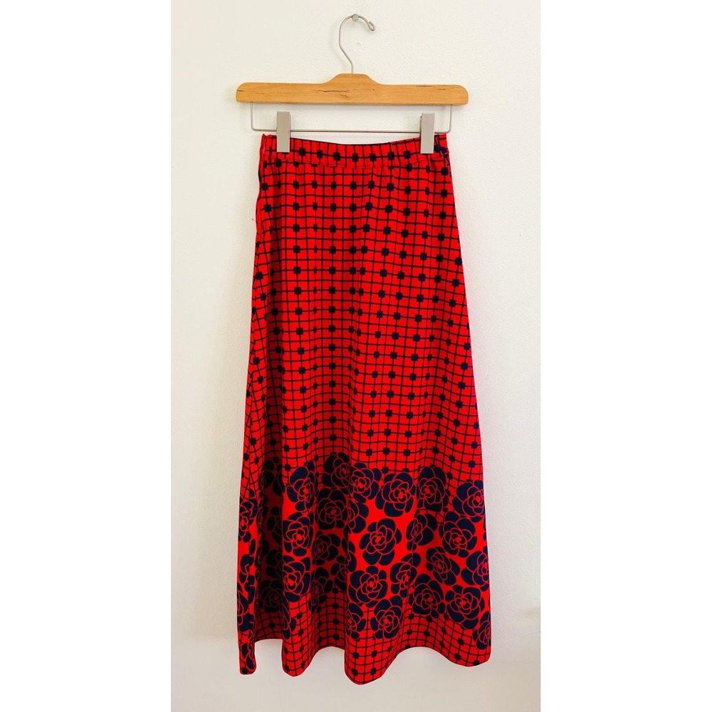 Vintage 70s Red Maxi Skirt Floral Mod Disco‎ Boho Kitsch XS High Waist Long - Picture 6 of 6